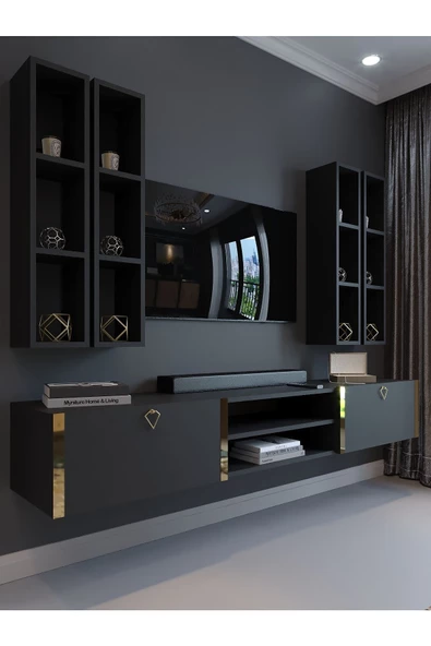 Myniture Home & Living Festival Tv Ünitesi G13001-4 Antrasit Gold Duvara Monte tv sehpası ürün görseli 1
