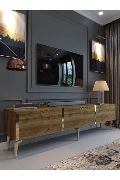 Myniture Home & Living Festival Tv Sehpası G3817-2-Y1-P1 Ceviz Gold Metal Kulp