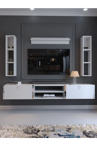 Myniture Home & Living Festival Tv Ünitesi S13009-1 Beyaz Parlak Silver Duvara Monte tv sehpası - Resim 2