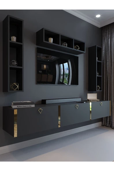 Myniture Home & Living Festival Tv Ünitesi G13007-4 Antrasit Gold Duvara Monte tv sehpası ürün görseli 1