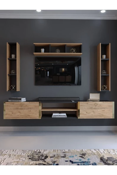 Myniture Home & Living Festival Tv Ünitesi G13006-4-6 Antrasit  A. Çam Gold Duvara Monte tv sehpası - Resim 2