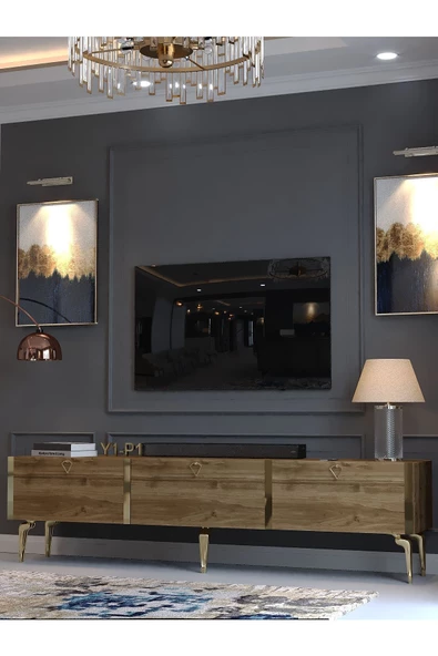 Myniture Home & Living Festival Tv Sehpası G3817-2-Y1-P1 Ceviz Gold Metal Kulp - 3