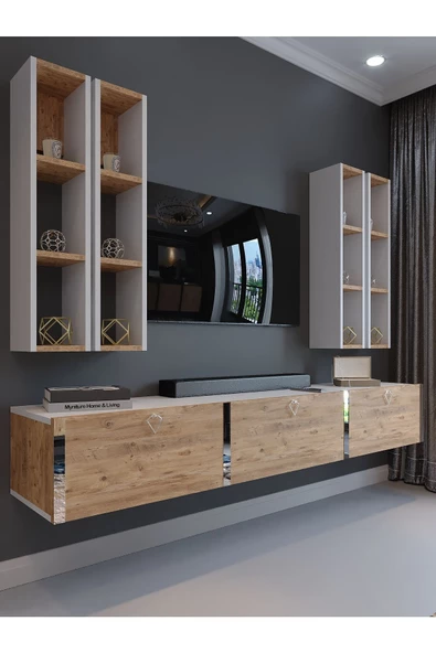 Myniture Home & Living Festival Tv Ünitesi S13002-1-6 Beyaz Atlantik Çam Silver Duvara Monte tv sehpası