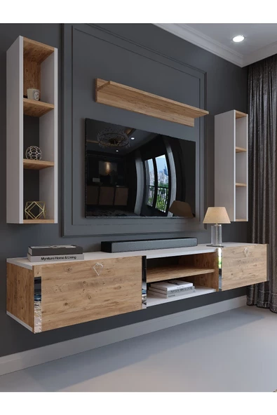 Myniture Home & Living Festival Tv Ünitesi S13009-1-6 Beyaz Atlantik Çam Silver Duvara Monte tv sehpası