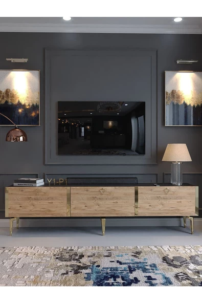 Myniture Home & Living Festival Tv Sehpası G3817-4-6-Y1-P1 Ant. Çam Gold Metal Kulp - 2