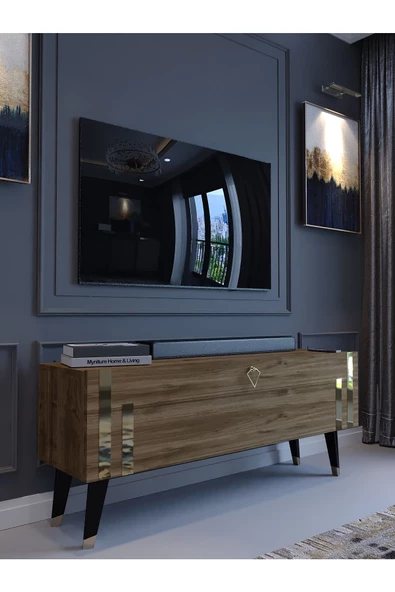 Myniture Home & Living Festival Tv Ünitesi G6302-2 Ceviz Gold 120 Cm Tv Sehpası Minifiks Bağlantı Dışarıdan Vida Gözükmez