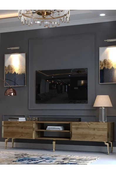 Myniture Home & Living Festival Tv Sehpası G3830-2-Y1-P1 Ceviz Gold Metal Kulp - 3