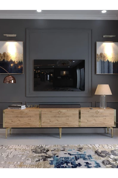 Myniture Home & Living Festival Tv Sehpası G3817-6-Y1-P1 Çam Gold Metal Kulp - Resim 2