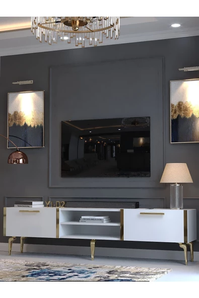 Myniture Home & Living Festival Tv Sehpası G3830-1-Y1-D2 Beyaz Gold Metal Kulp - 3