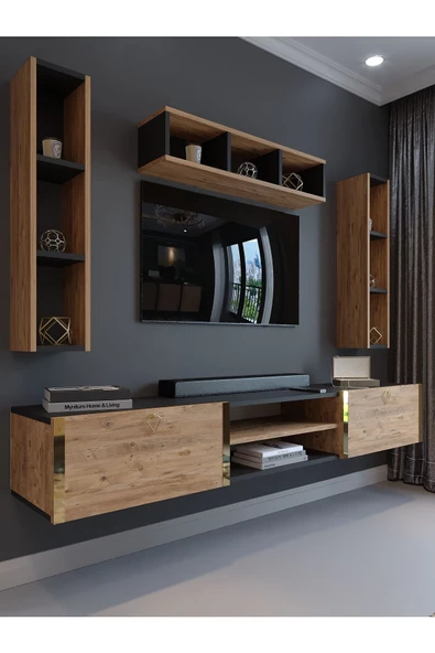 Myniture Home & Living Festival Tv Ünitesi G13006-4-6 Antrasit  A. Çam Gold Duvara Monte tv sehpası