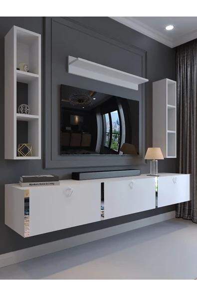 Myniture Home & Living Festival Tv Ünitesi S13008-1 Beyaz Parlak Silver Duvara Monte tv sehpası ürün görseli 1