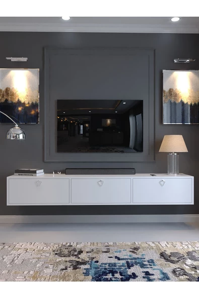 Myniture Home & Living Festival Tv Sehpası DV-1001-P1-1 Silver Kulp Beyaz Parlak Minifiks Bağlantı Duvara Monte Tv Ünitesi - 2