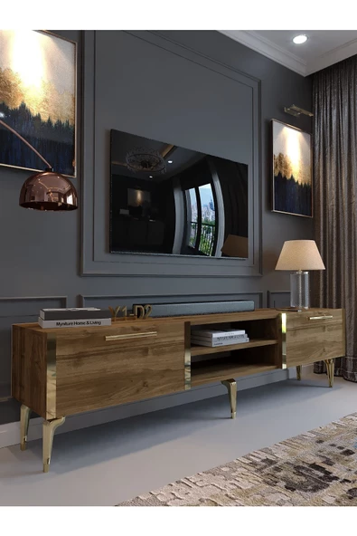 Myniture Home & Living Festival Tv Sehpası G3830-2-Y1-D2 Ceviz Gold Metal Kulp