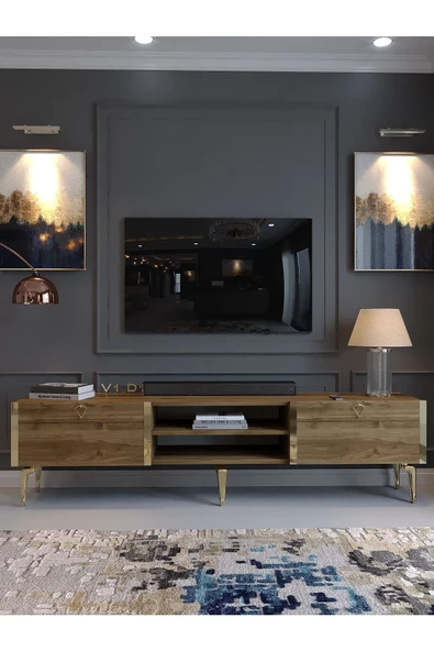 Myniture Home & Living Festival Tv Sehpası G3830-2-Y1-P1 Ceviz Gold Metal Kulp - 2