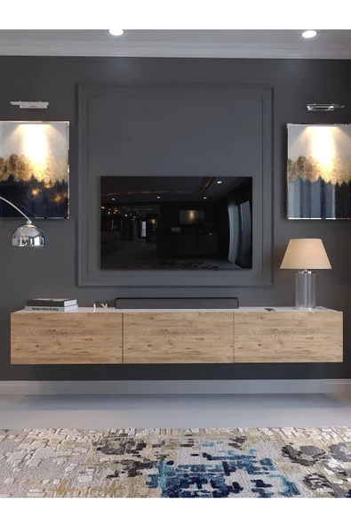 Myniture Home & Living Festival Tv Sehpası DV-Q17-1-6  Beyaz Çam  Minifiks Bağlantı Duvara Monte Tv Ünitesi - Resim 2