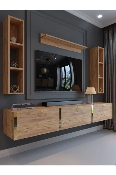Myniture Home & Living Festival Tv Ünitesi G13008-6 Atlantik Çam Gold Duvara Monte tv sehpası