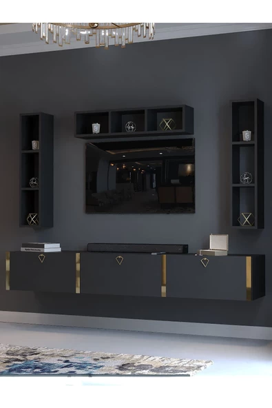Myniture Home & Living Festival Tv Ünitesi G13007-4 Antrasit Gold Duvara Monte tv sehpası - Resim 3