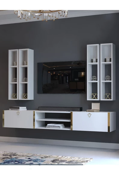 Myniture Home & Living Festival Tv Ünitesi G13001-1 Beyaz Parlak Gold Duvara Monte tv sehpası - Resim 3