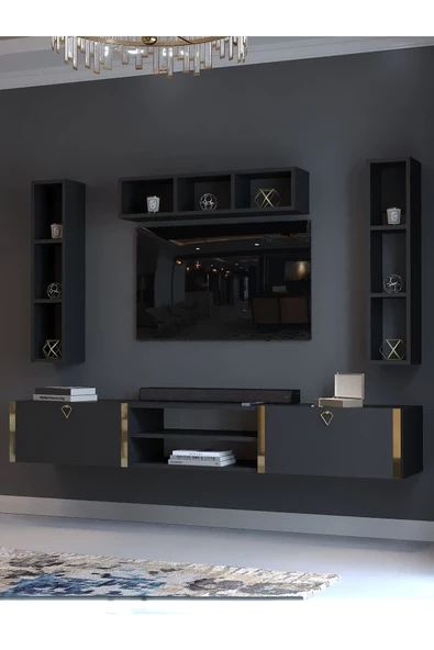 Myniture Home & Living Festival Tv Ünitesi G13006-4 Antrasit Gold Duvara Monte tv sehpası - Resim 3
