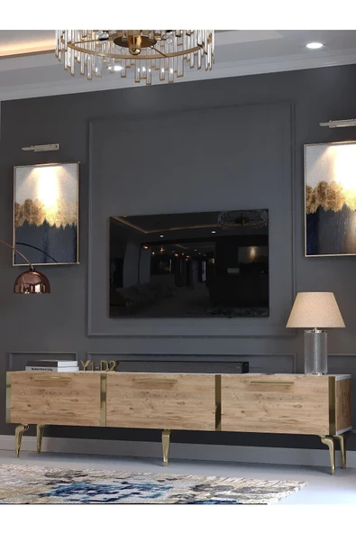 Myniture Home & Living Festival Tv Sehpası G3817-1-6-Y1-D2 Beyaz Çam Gold Metal Kulp - Resim 3