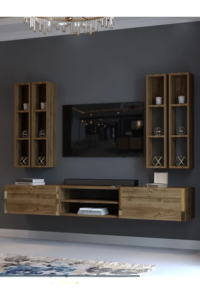 Myniture Home & Living Festival Tv Ünitesi G13002-2 İstanbul Ceviz Gold Duvara Monte tv sehpası - Resim 3