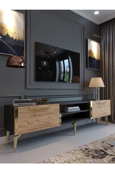 Myniture Home & Living Festival Tv Sehpası G3830-4-6-Y1-D2 Ant. Çam Gold Metal Kulp ürün görseli 1