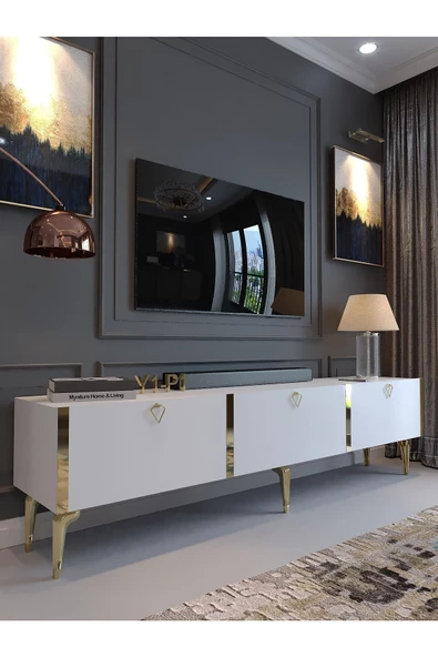 Myniture Home & Living Festival Tv Sehpası G3817-1-Y1-P1 Beyaz Gold Metal Kulp ürün görseli 1