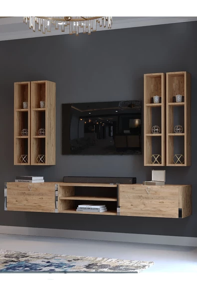 Myniture Home & Living Festival Tv Ünitesi G13001-6 Atlantik Çam Gold Duvara Monte tv sehpası - Resim 3