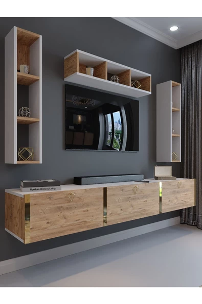 Myniture Home & Living Festival Tv Ünitesi G13007-1-6 Beyaz Atlantik Çam Gold Duvara Monte tv sehpası ürün görseli 1