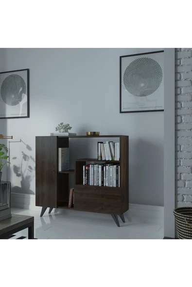 Myniture Home & Living Festival Çok Raflı 2 Dolaplı Kitaplık Modern Ayaklı Kitaplık Ceviz