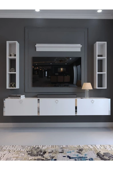 Myniture Home & Living Festival Tv Ünitesi S13008-1 Beyaz Parlak Silver Duvara Monte tv sehpası - Resim 2