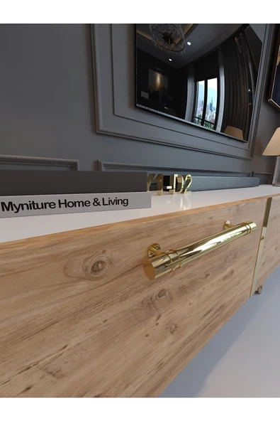 Myniture Home & Living Festival Tv Sehpası G3817-1-6-Y1-D2 Beyaz Çam Gold Metal Kulp - Resim 4