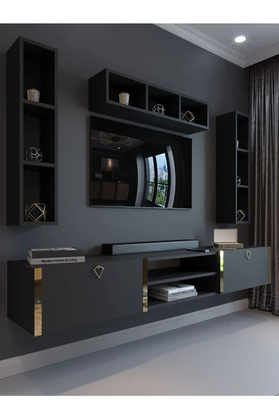 Myniture Home & Living Festival Tv Ünitesi G13006-4 Antrasit Gold Duvara Monte tv sehpası ürün görseli 1