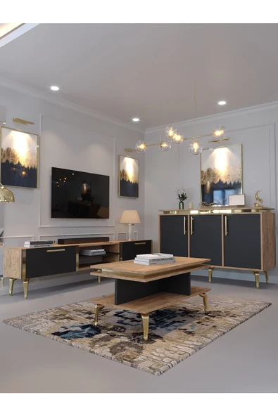 Myniture Home & Living Festival Tv Sehpası - Konsol - Orta Sehpa Ant. Çam Gold G-SET-2-6-4