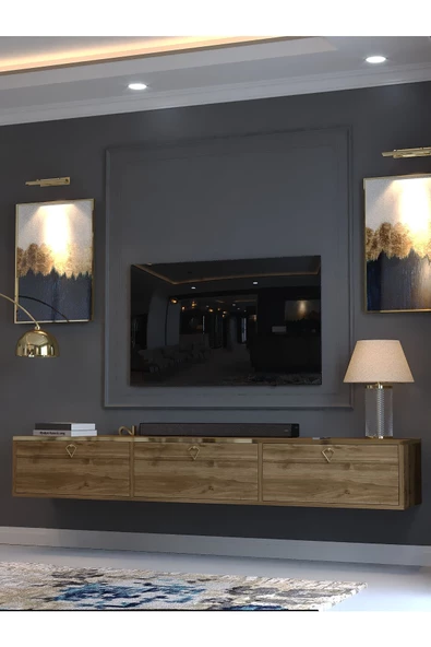 Myniture Home & Living Festival Tv Sehpası DV-Q17-GPVC-2 Gold Ceviz Minifiks Bağlantı Duvara Monte Tv Ünitesi - 3