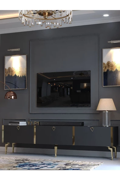 Myniture Home & Living Festival Tv Sehpası G3817-4-Y1-P1 Antrasit Gold Metal Kulp - 3