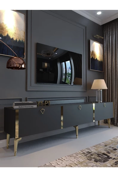 Myniture Home & Living Festival Tv Sehpası G3817-4-Y1-P1 Antrasit Gold Metal Kulp