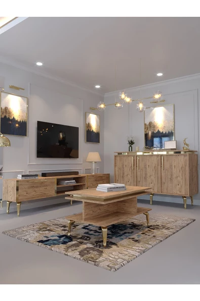 Myniture Home & Living Festival Tv Sehpası - Konsol - Orta Sehpa Çam Gold G-SET-2-6 ürün görseli 1