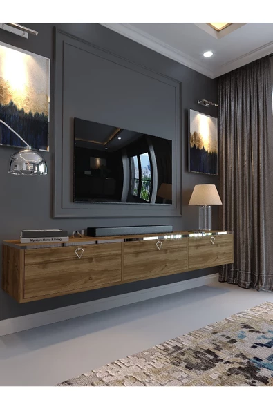 Myniture Home & Living Festival Tv Sehpası DV-Q17-SPVC-2 Silver Ceviz Minifiks Bağlantı Duvara Monte Tv Ünitesi