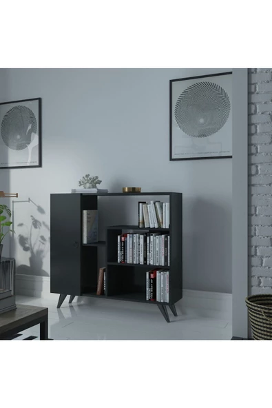 Myniture Home & Living Festival Çok Raflı Dik Dolaplı Kitaplık Modern Ayaklı Kitaplık Antrasit