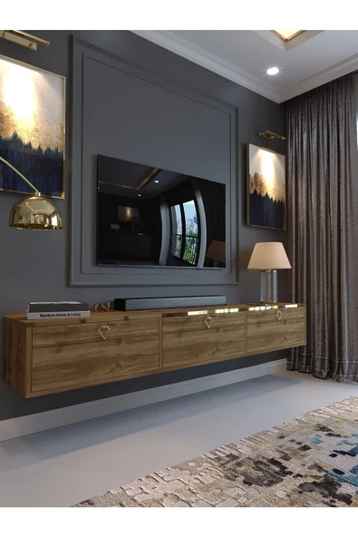Myniture Home & Living Festival Tv Sehpası DV-Q17-GPVC-2 Gold Ceviz Minifiks Bağlantı Duvara Monte Tv Ünitesi