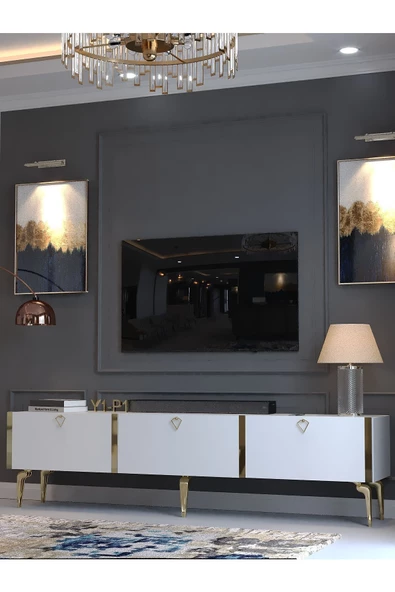 Myniture Home & Living Festival Tv Sehpası G3817-1-Y1-P1 Beyaz Gold Metal Kulp - Resim 3