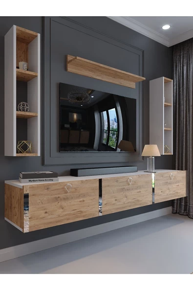 Myniture Home & Living Festival Tv Ünitesi S13008-1-6 Beyaz Atlantik Çam Silver Duvara Monte tv sehpası
