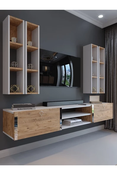 Myniture Home & Living Festival Tv Ünitesi S13001-1-6 Beyaz Atlantik Çam Silver Duvara Monte tv sehpası
