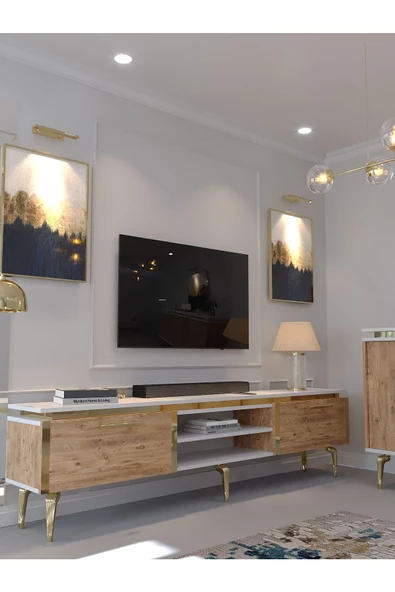 Myniture Home & Living Festival Tv Sehpası - Konsol - Orta Sehpa Beyaz Çam Gold G-SET-3-1-6 - 2
