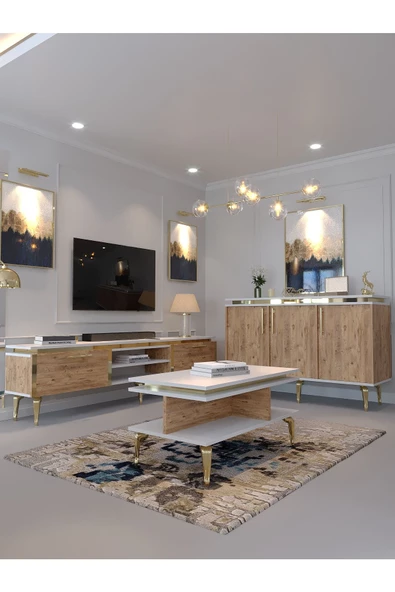 Myniture Home & Living Festival Tv Sehpası - Konsol - Orta Sehpa Beyaz Çam Gold G-SET-3-1-6