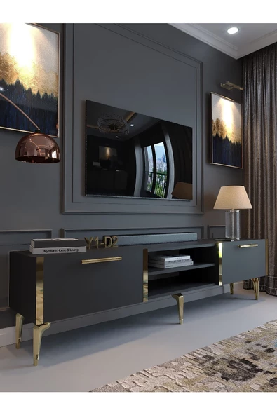 Myniture Home & Living Festival Tv Sehpası G3830-4-Y1-D2 Antrasit Gold Metal Kulp