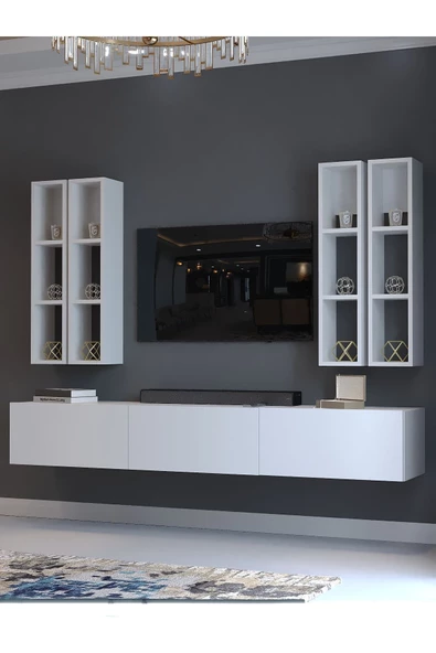 Myniture Home & Living Festival Tv Ünitesi Q13002-1 Beyaz Parlak Duvara Monte tv sehpası - 3