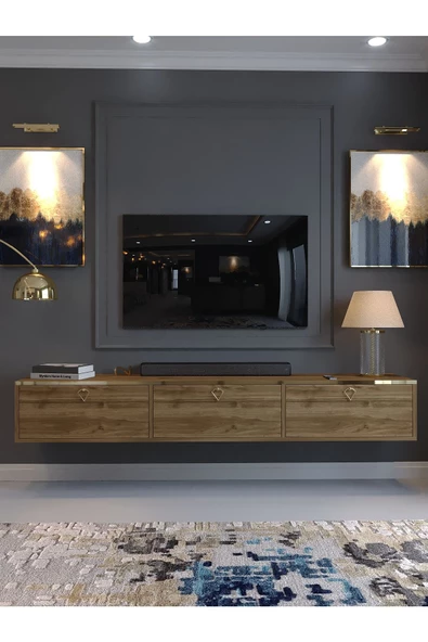 Myniture Home & Living Festival Tv Sehpası DV-Q17-GPVC-2 Gold Ceviz Minifiks Bağlantı Duvara Monte Tv Ünitesi - 2