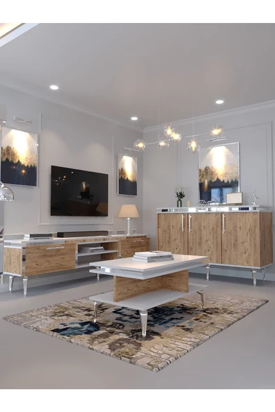 Myniture Home & Living Festival Tv Sehpası - Konsol - Orta Sehpa Beyaz Çam Silver S-SET-3-1-6 ürün görseli 1